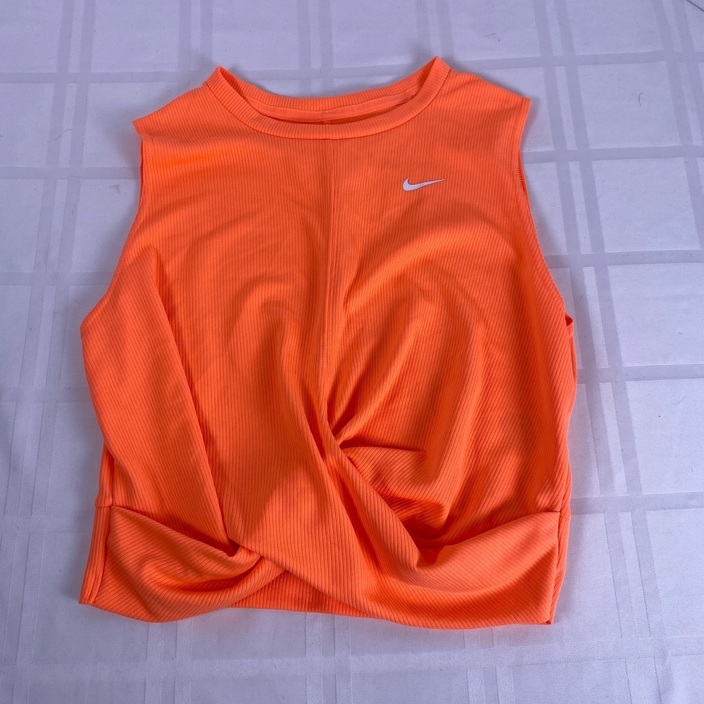 Nike Dri Fit Twist Front Crop Tank Top Womens Size L. Orange Sleeveless Rib Knit